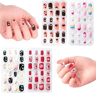 krofaue Press on Nails for Kids - 96pcs 4 Pack Children Fake Nails Kids Girls Stick on Nails for Kids Full Cover Cute Pre-Glue Acrylic Fake Fingernails Kits Sets Little Girls Short Nail Decoration