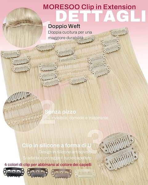 Moresoo Extension Clip Capelli Veri Biondo Platino #60, 35cm 80g Set da 5 Pezzi, Remy Human Hair Lisci per Allungamento e Volume Naturale, Donna - 4