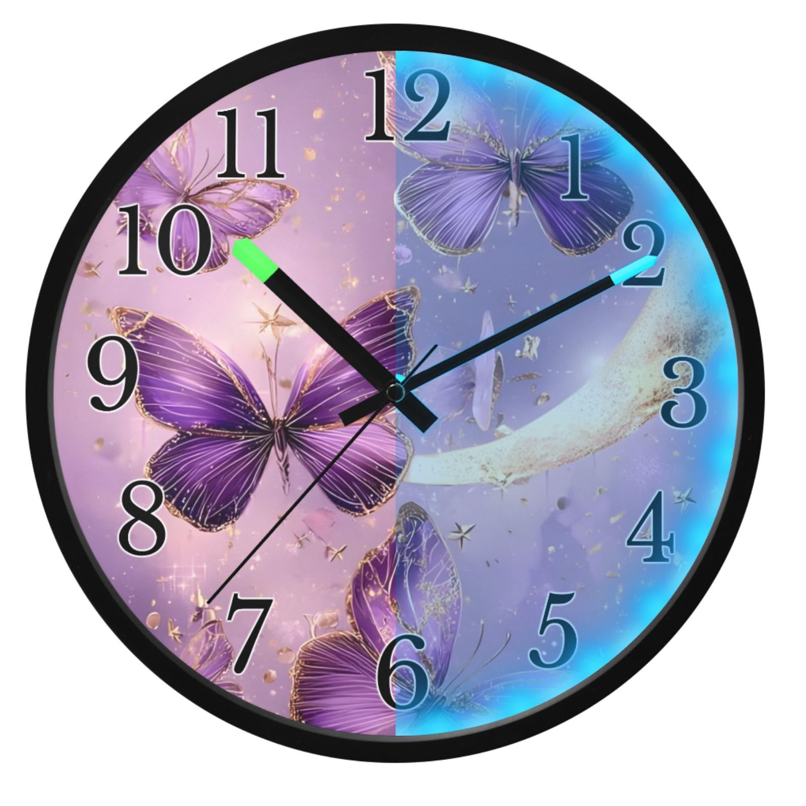 Mnsruu Reloj de pared luminoso con diseño de mariposa morada, luna, mariposas, reloj de pared que brilla en la oscuridad, funciona con pilas, silencioso, sin tictac, luz nocturna para dormitorio