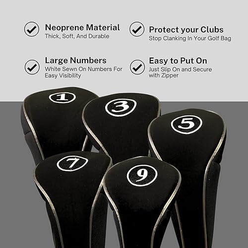 Miniatura 5 de Cubiertas negras para cabeza de golf con cremallera para conductor, 1, 3, 5, 7, 9, Fairway, Woods, fundas protectoras de neopreno de metal, fundas