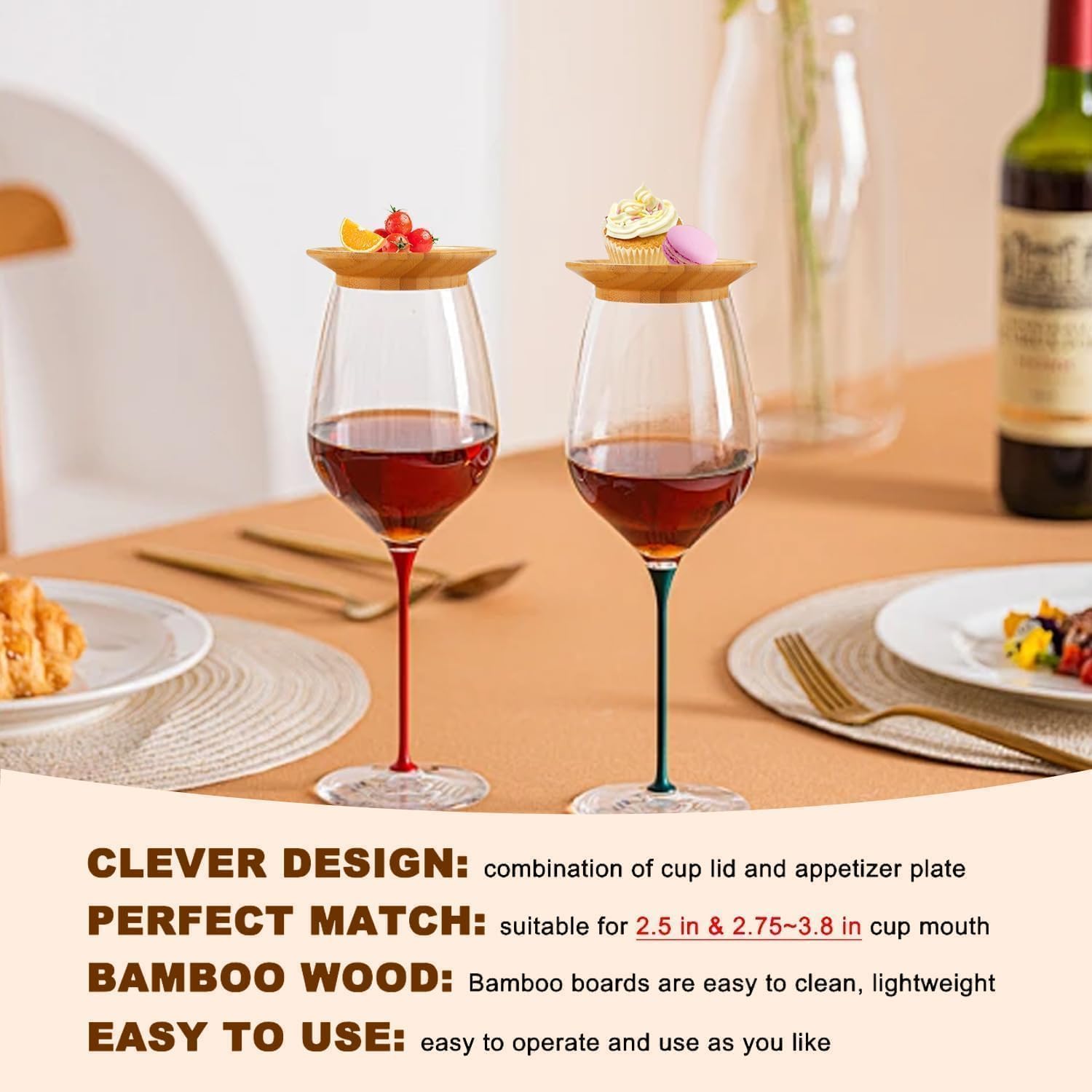 Wine Glass Charcuterie Topper, Wine Glass Topper Appetizer Plates, Cup Covers, Wooden Wine Glass Covers, Cocktail Plates for Wine, Wine Accessories (8pcs)