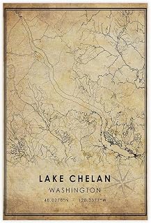 ZCXH Lake Chelan Map Washington Canvas Poster Bedroom Decor Landscape Office Room Decor Gift Unframe-style24x36inch(60x90cm)