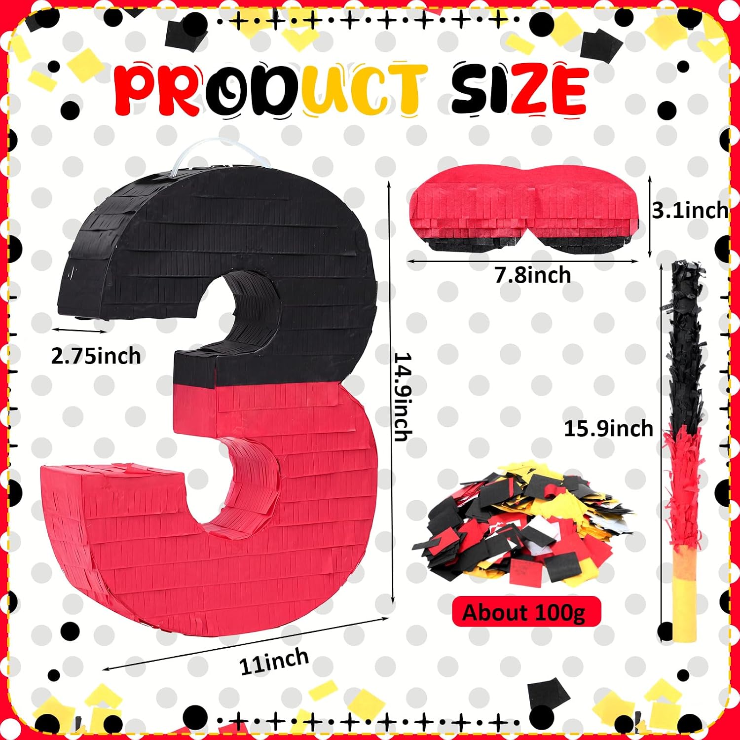 RoundFunny Number 3 Piñata Black Red Piñata First Birthday Party Supplies for Celebration for Boys Girls Fun Yellow Heart Black and Red Themed Party Decor 14.9 X 11 X 2.8 Inches