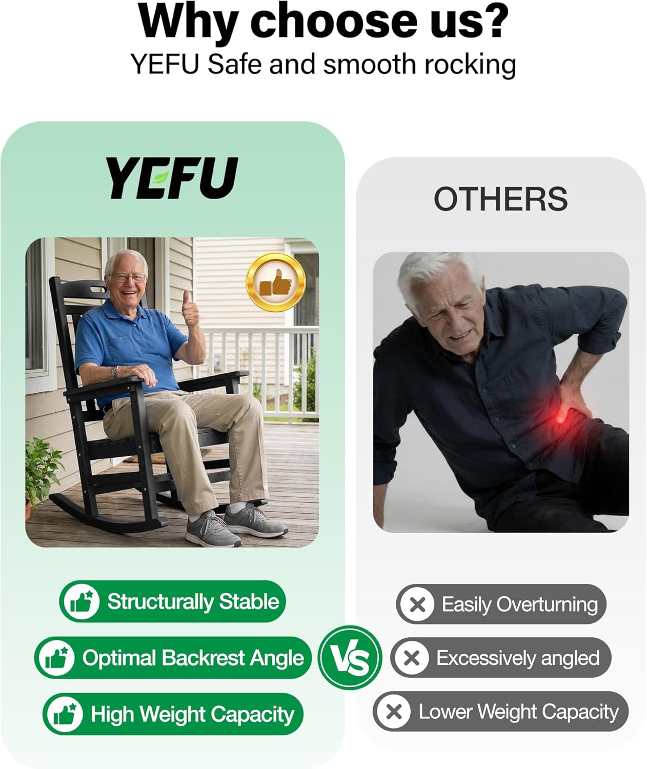 YEFU Outdoor Rocking Chairs Set of 2: Patio Rocking Chair for Adult, HIPS Outdoor Rocker Weather Resistant,Easy to Assemble,Safe&Comfortable,Black