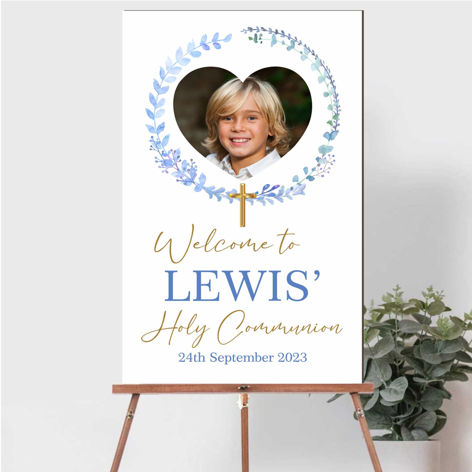 Personalised Photo Christening, Communion, Confirmation Welcome Board – Custom Child’s Picture, Name & Date, Floral and Wreath Photo Prop Board (Blue Wreath, Holy Communion)
