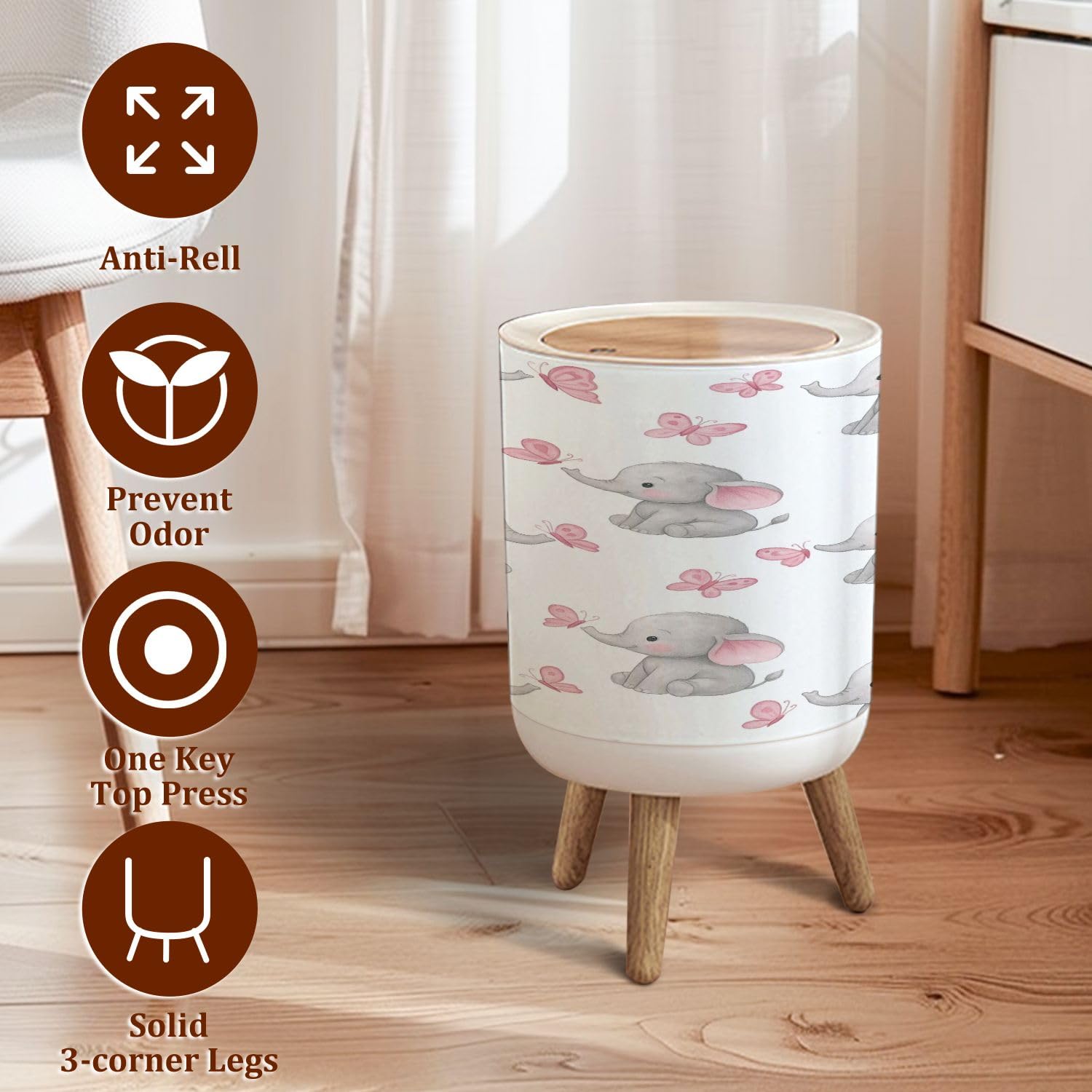 Small Trash Can with Lid Seamless Cute Elephants Butterflies for Kids Design Garbage Bin Pet Proof Waste Basket for Kitchen Bathroom Office Bedroom Decorative 1.8 Gallon