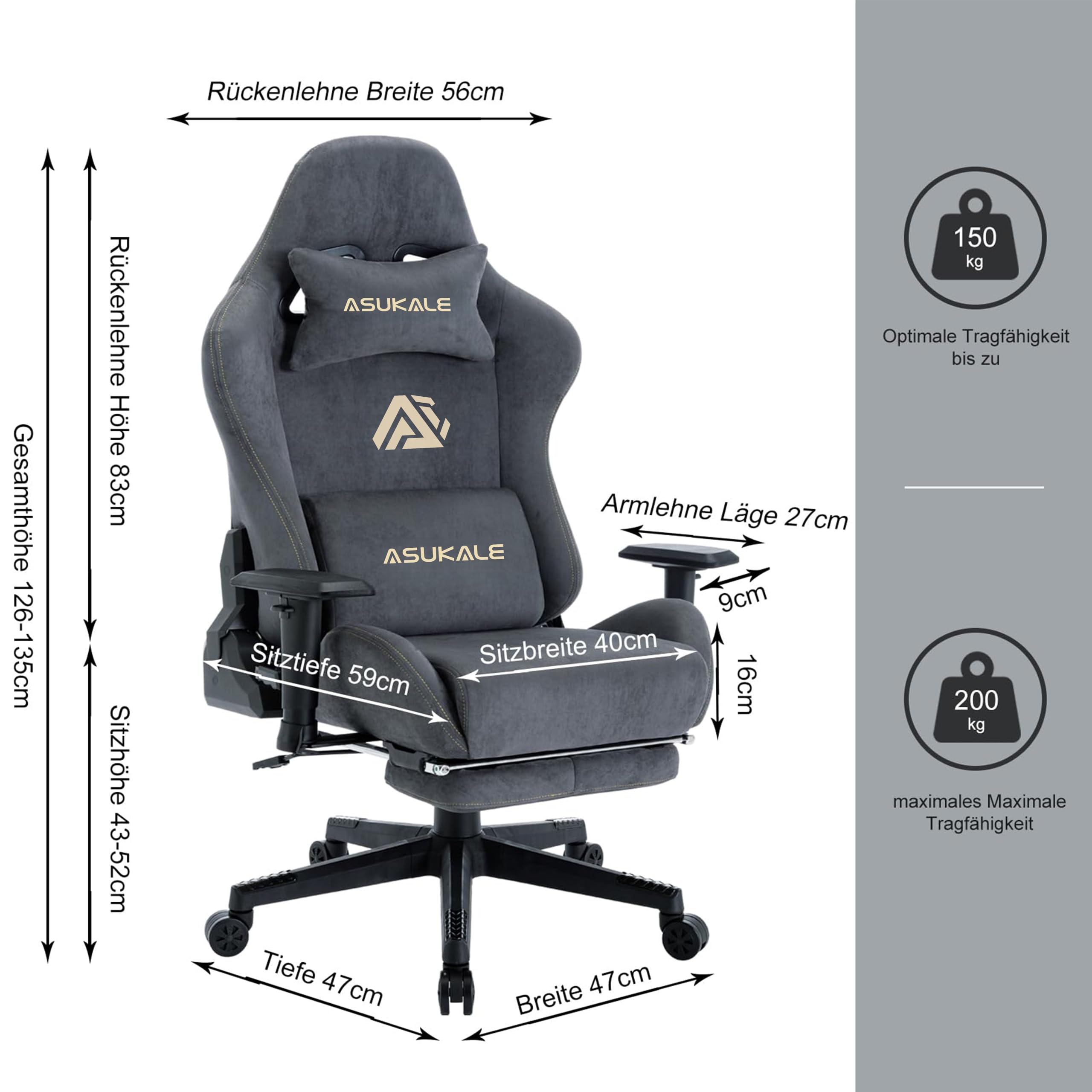 Gaming Stuhl, Atmungsaktiver Bürostuhl Ergonomisch aus Hochwertigem Stoff, PC-Stuhl mit Massage Lendenstütze, Verstellbarer und Drehbarer Schreibtischstuhl mit Fußstütze, Grau