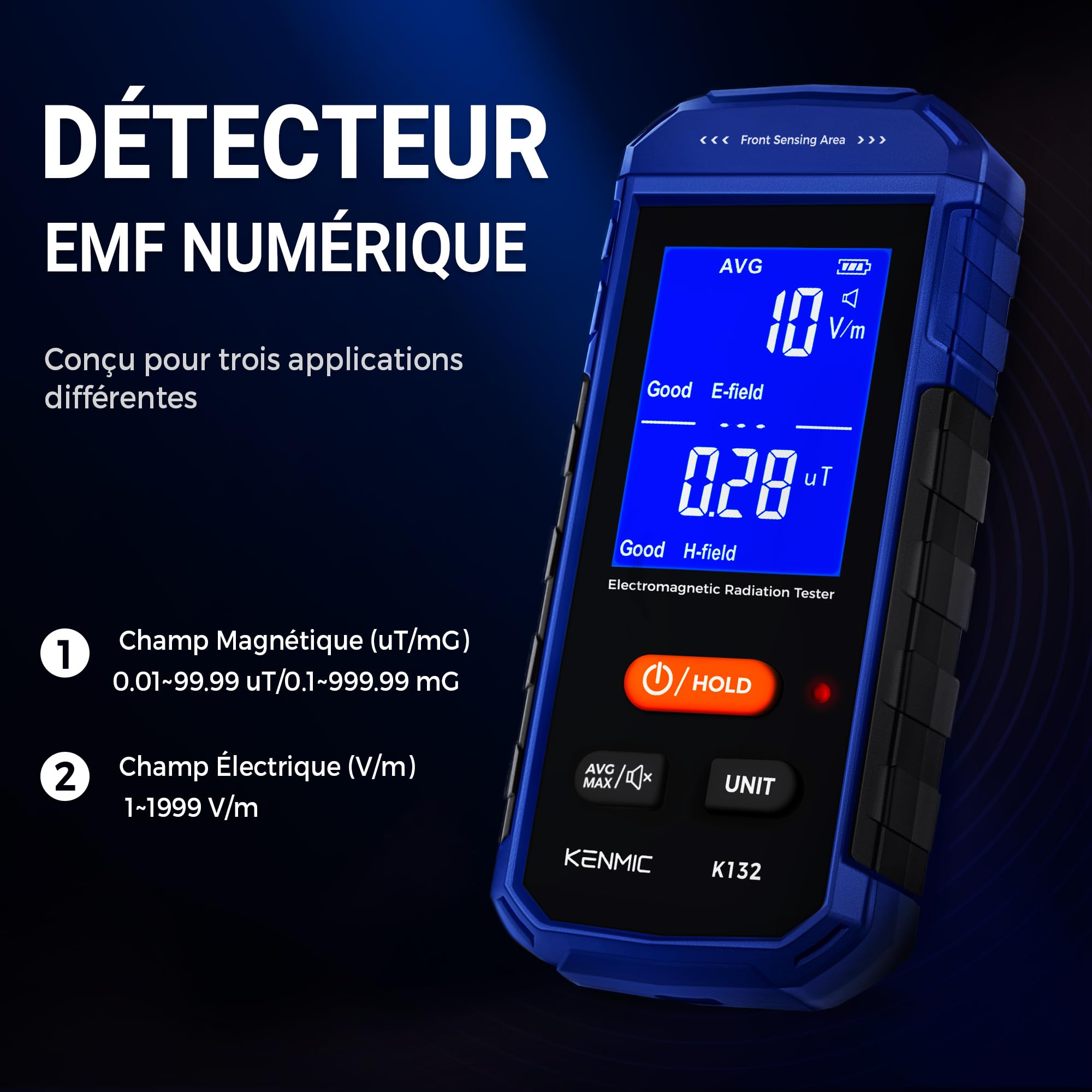 Détecteur EMF, Détecteur de Champ électromagnétique Portable avec écran LCD numérique, Adapté aux inspections EMF à Domicile et en extérieur et à la Chasse aux fantômes - Bleu