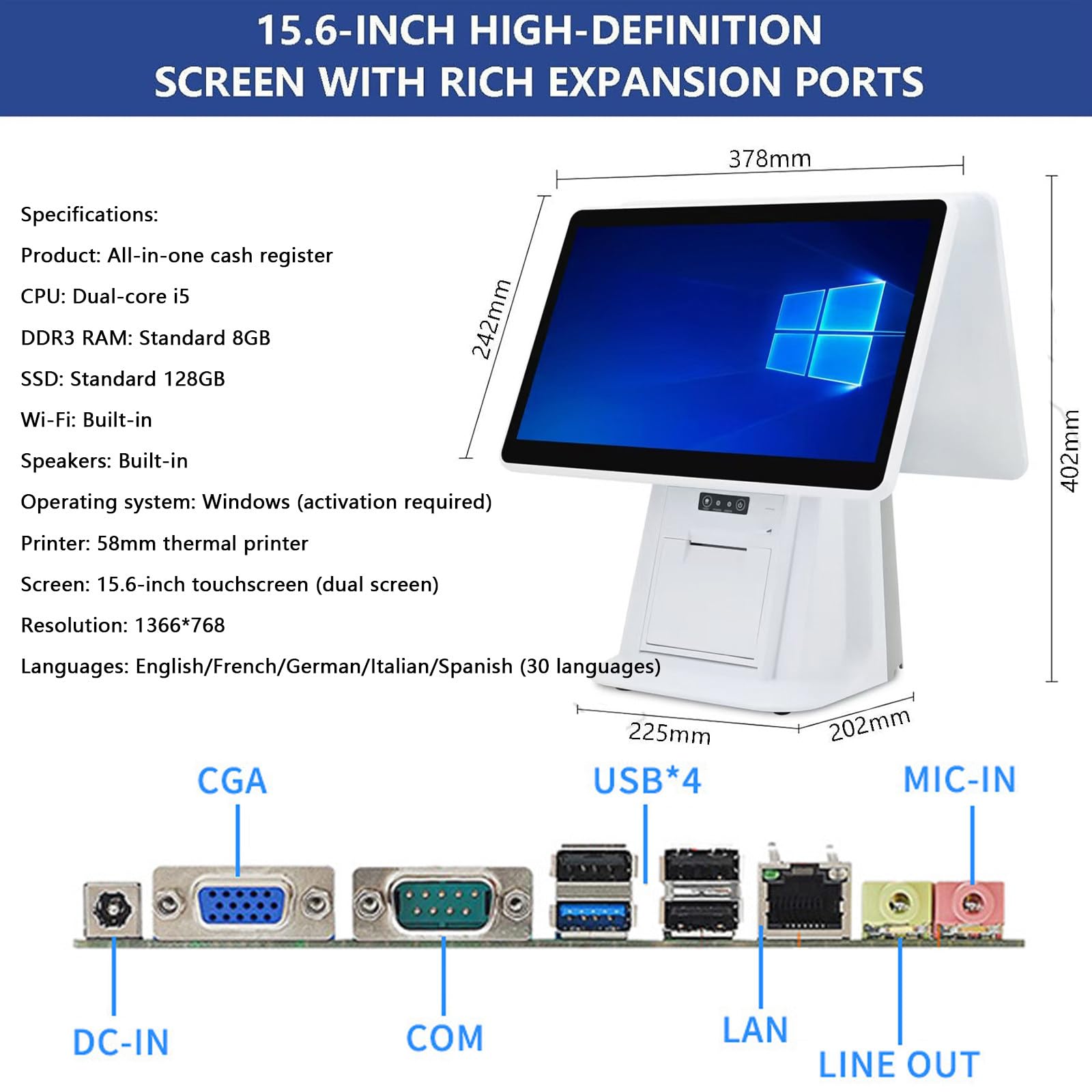 Caisse Enregistreuse Tactile avec Imprimante 58mm Intégrée, Double écran Tactile de 15,6 Pouces, pour Les systèmes de Vente au détail, de Restaurant et de Magasin
