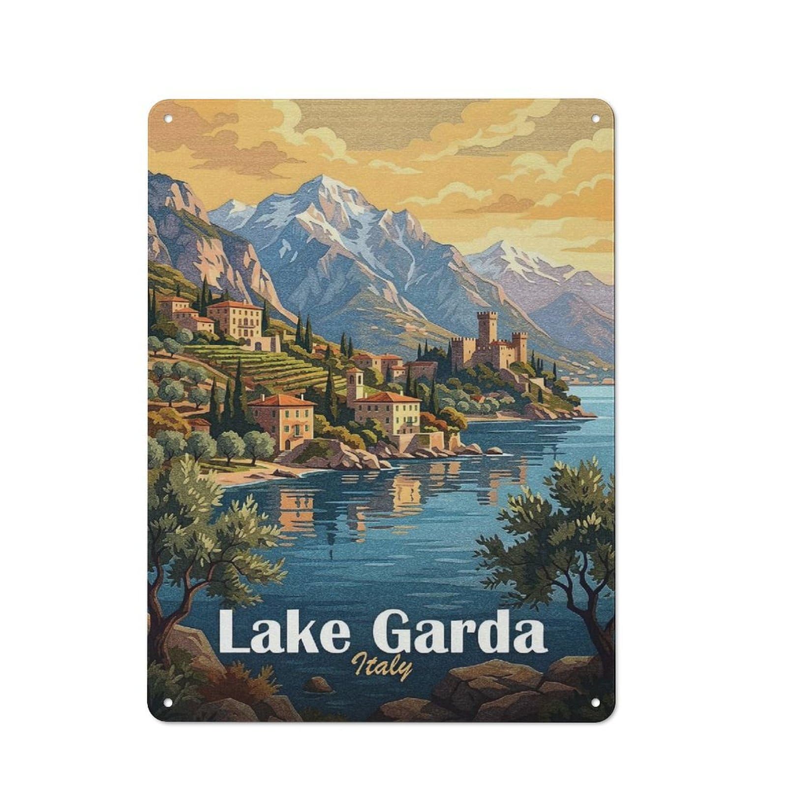 Junmoney Style-9 Lake Garda, Italy, Travel Metal Wall Plaque 40X30cm, Character Room Wall Plaque For Hallway, Home Bar, Garage Or Study