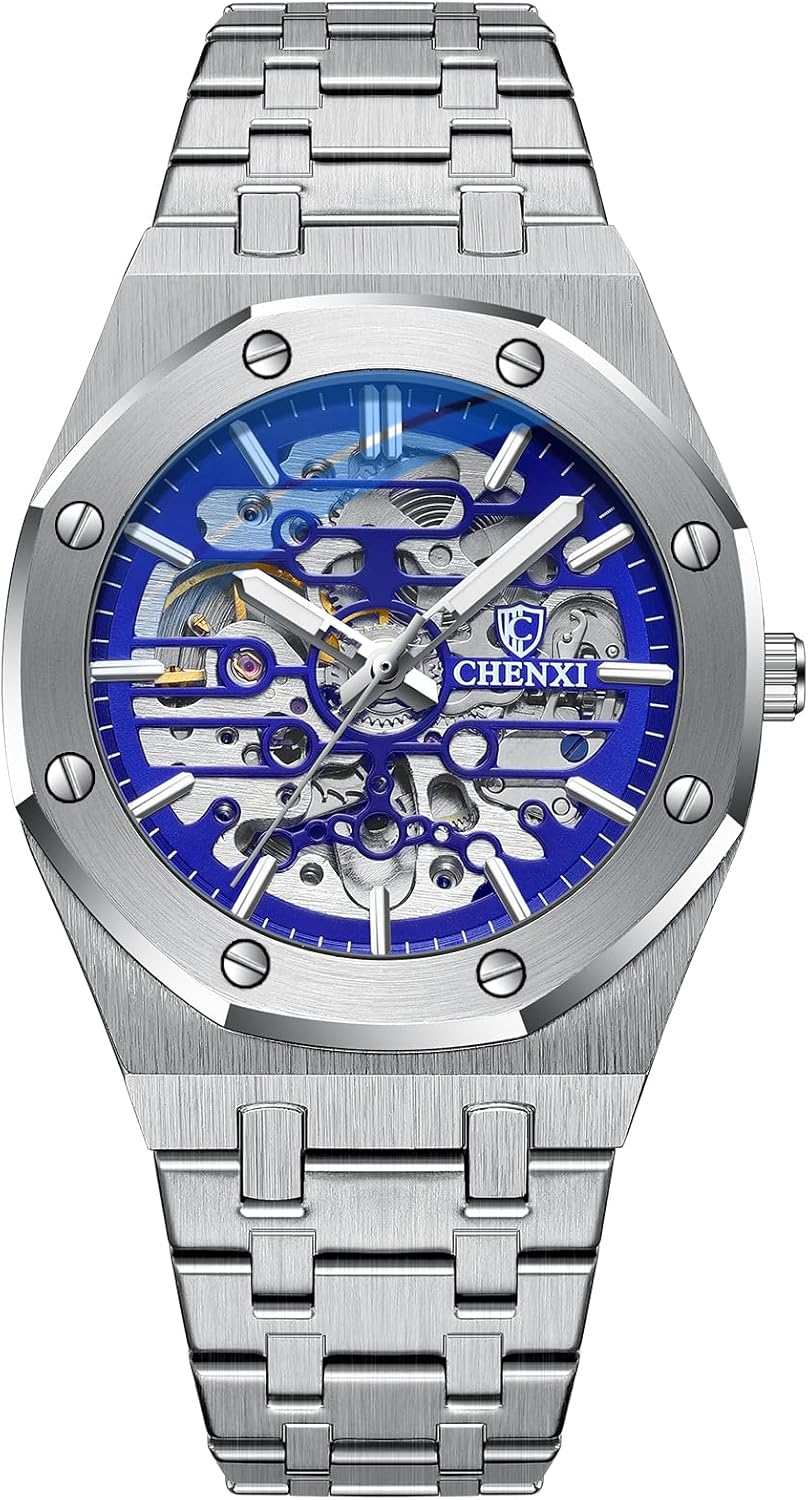 Verhux Automatic Watches for Mens Gold Skeleton Luxury Mechanical Classic Original Stainless Steel Waterproof Wrist Watches Black Silver Tone