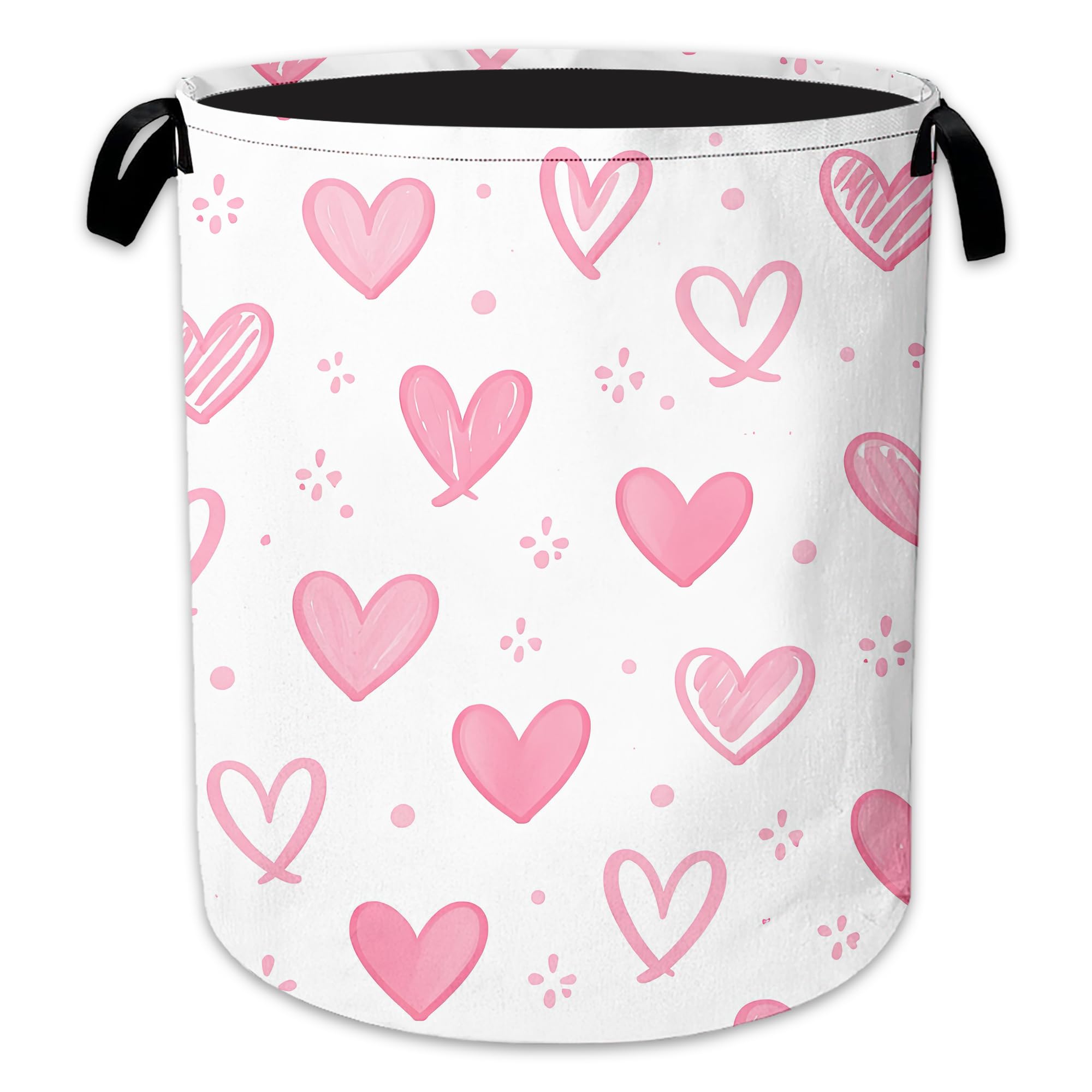 Laundry Hamper, Pink Heart Collapsible Doodle Heart Laundry Baskets Waterproof Oxford Cloth With Handles, Clothes Storage Bucket For Bathroom/Bedroom 16" x 20.8"