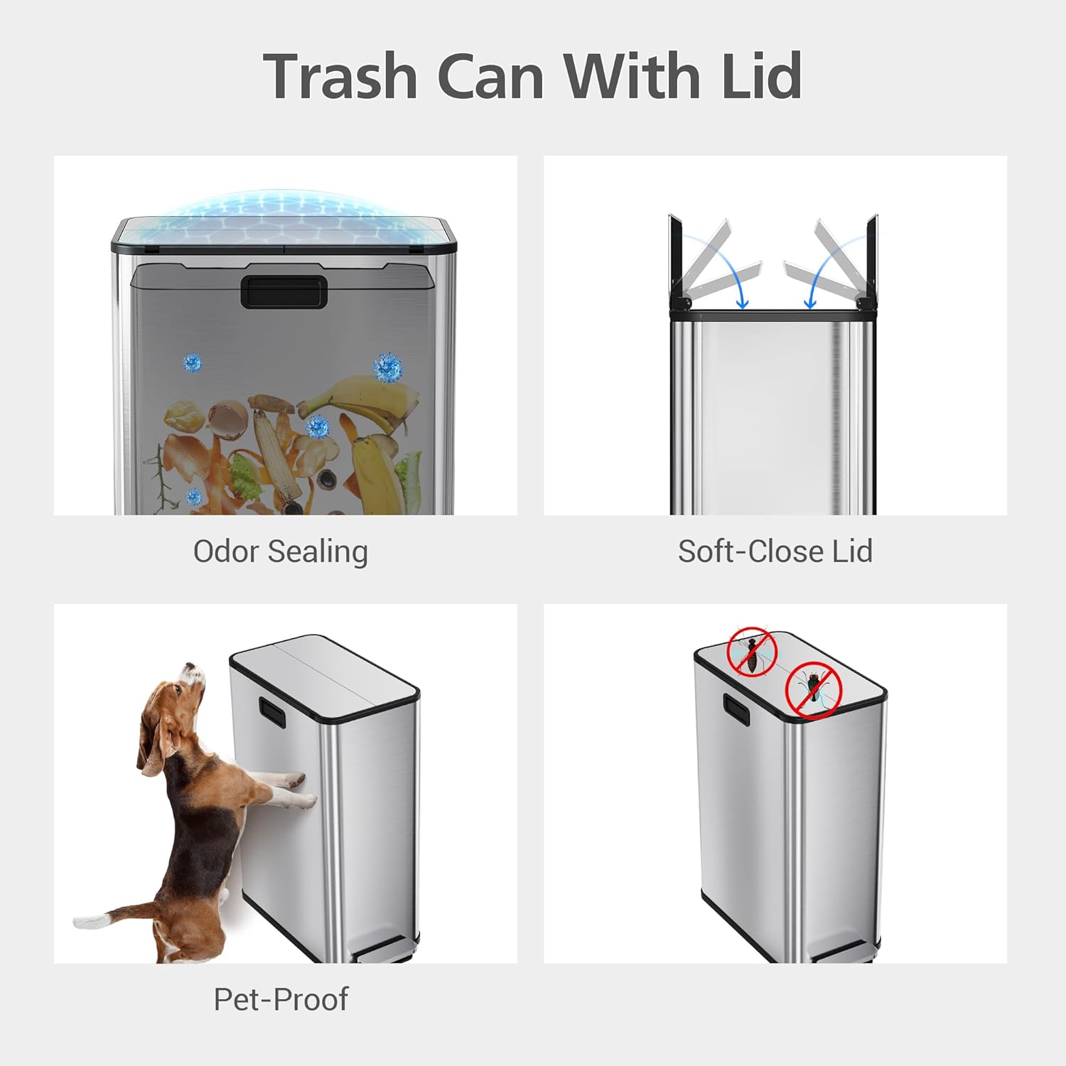 OUTLANE Kitchen Trash Can, 2×7.4-Gallon Garbage Can with Butterfly Lid, Large Dual Trash and Recycle Bin Combo, Step-on Kitchen Metal Garbage Cans, PP Inner Buckets, Liner Rim