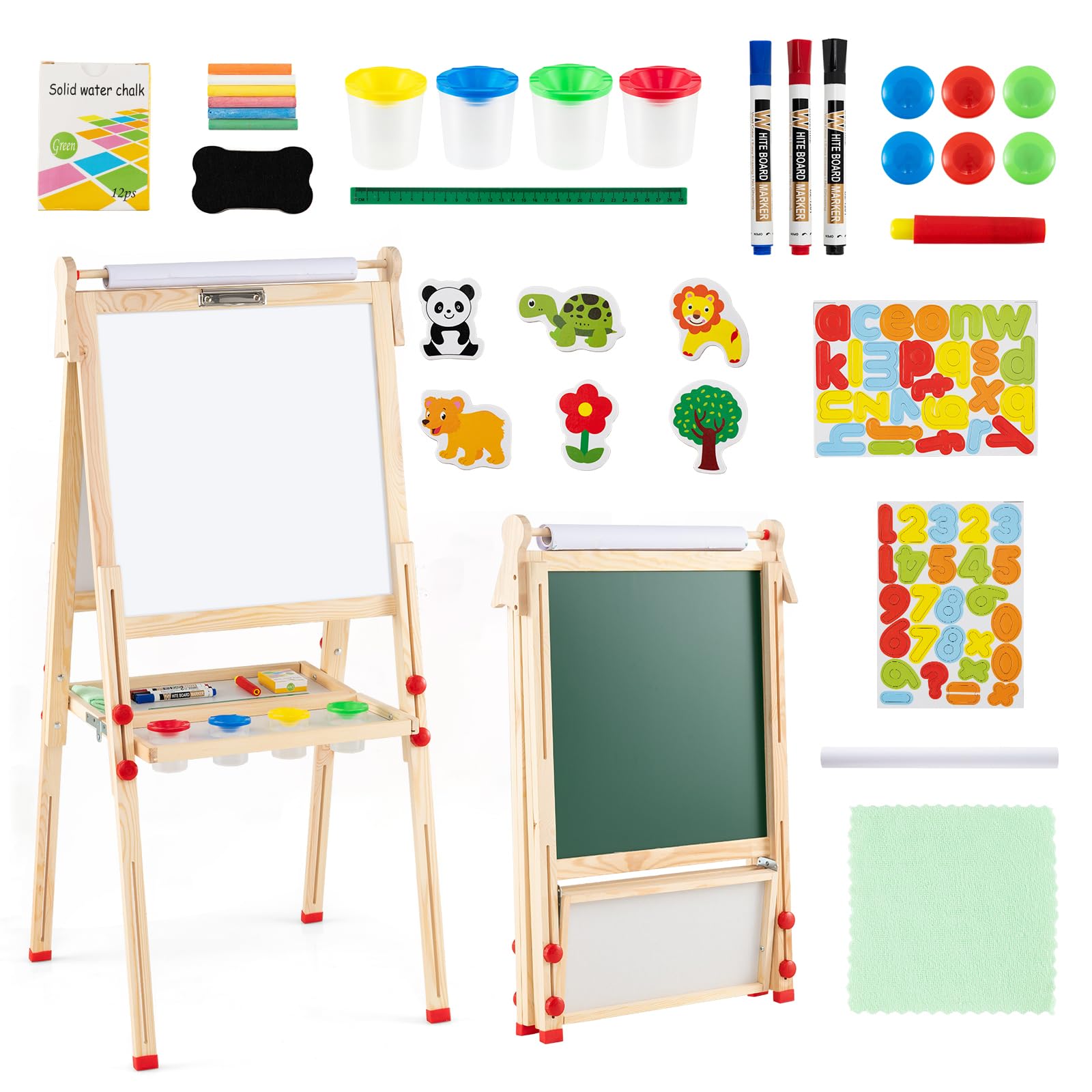 GOPLUS Höhenverstellbare Kinder Staffelei, Doppelseitige Magnettafel inkl. Whiteboard & Kreidetafel & Zeichenpapier, Klappbare Standtafel mit Komplettem Zubehör, für Kinder ab 3 Jahren