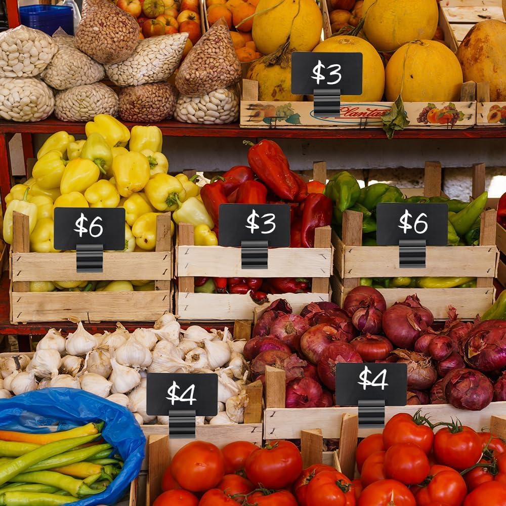 50 Stück schwarze Schild-Etiketten, Kreidetafel-Schilder, Clip für Lebensmittel, Kunststoff, Lebensmitteletikettenhalter, Buffet-Preisschild-Halter für Geschäft, Geschäft, Supermarkt