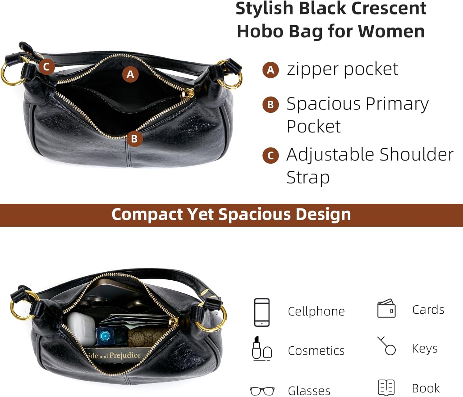 Shoulder Bags for Women Small Hobo Bags Crescent Shaped Cute Retro Tote Handbag Mini Clutch Purse with Zipper Closure - Image 5