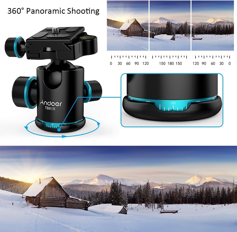 Andoer Tb81X Tripod Ball Head 360 Degree Rotating Panoramic Camera Quick Release Ball Head for Tripod Monopod Slider DSLR Camera with 3Pcs 1/4" to 3/8" Srew Adapters Max. Load 8Kg/17.64Lbs