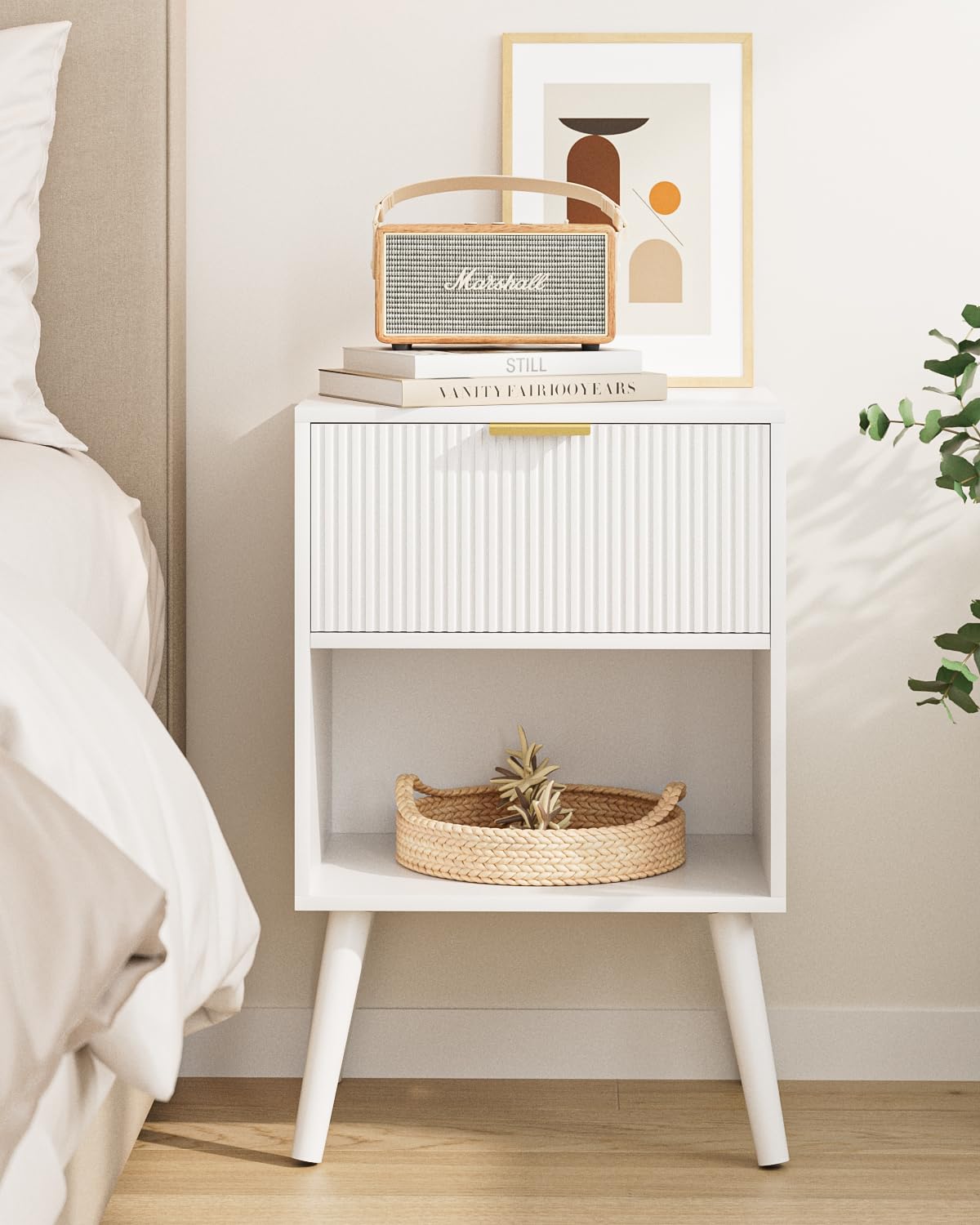 Nachttisch Holz, Beistelltisch mit Stauraum, Nachttische mit 1 Schubladen und offenes Fach, Nachtschrank für Schlafzimmer, Wohnzimmer, weiß