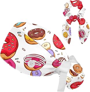 FVQL 2 Pieces Surgical Cap for Long Hair Scrub Cap with Hairband Nurse Cap, Donuts Colorful Pattern