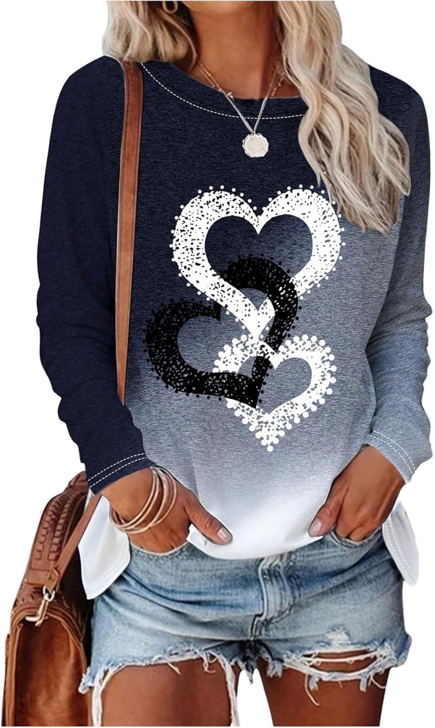 SweatyRocks Women's Heart Graphic Tee Shirts Long Sleeve Color Block Crew Neck Casual Going Out Tops