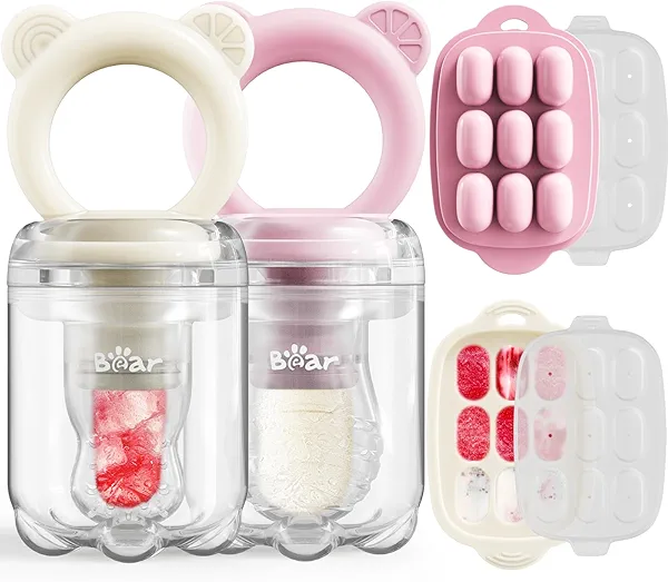 Bear Baby Fruit Food Feeder & Mini Freezer Nibble Tray Combo, 2 Pack Breastmilk Popsicle Molds for Baby Teething Relief, BPA Free Silicone Feeder for Safe Infant Self Feeding, Dishwasher Safe