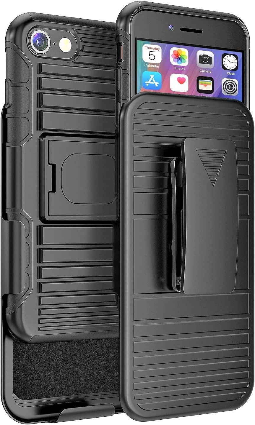 Holster Case for iPhone SE (2022, 2020), 7/8 Belt Clip Case, Holster Combo Shell Slim Case with Belt Swivel Clip and Built in Kickstand for iPhone SE (2020), 7 & 8 (Black)