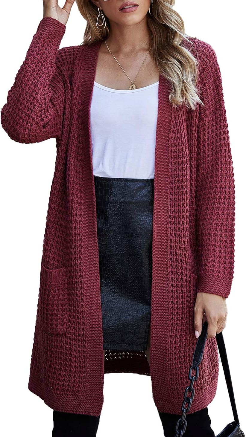 TARSE Womens Long Cardigans Waffle Oversized Open Front Knit Sweater with Pockets