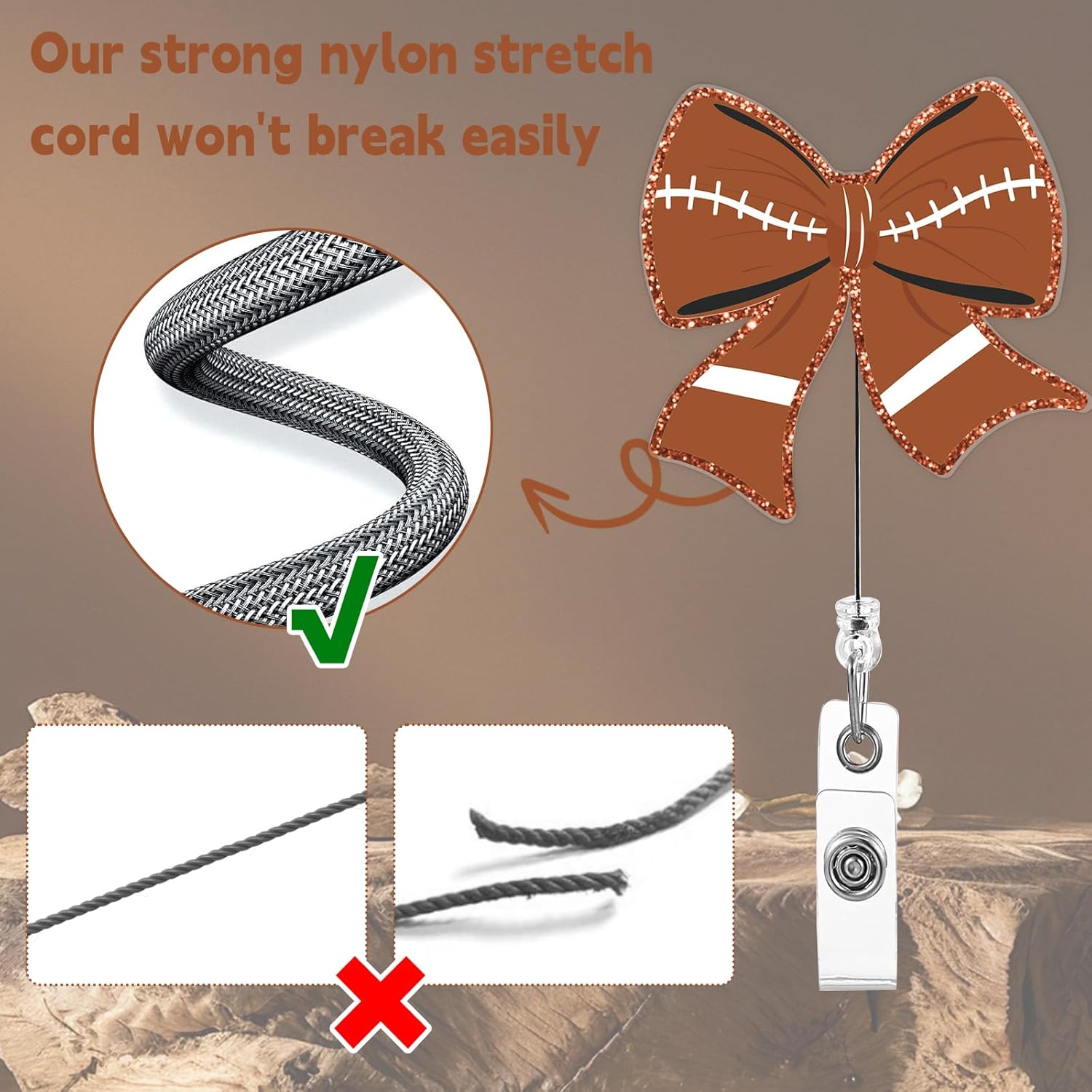 Football Badge Reel Glitter Bow Retractable - Acrylic & ABS ID Badge Holder with Alligator Clip, Sporty Decorative Badge Reel for Office, Events & Sports Fans