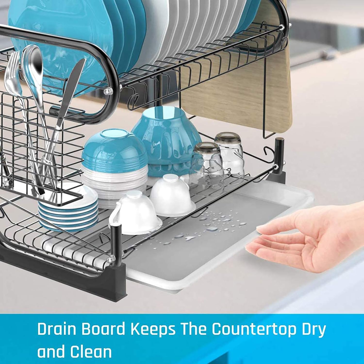Dish Rack, Cambond 2 Tier Dish Drying Rack with Drain Board, Utensil Holder, Cutting Board Holder, Non-Rust Dish Drainer for Kitchen Countertop, Black