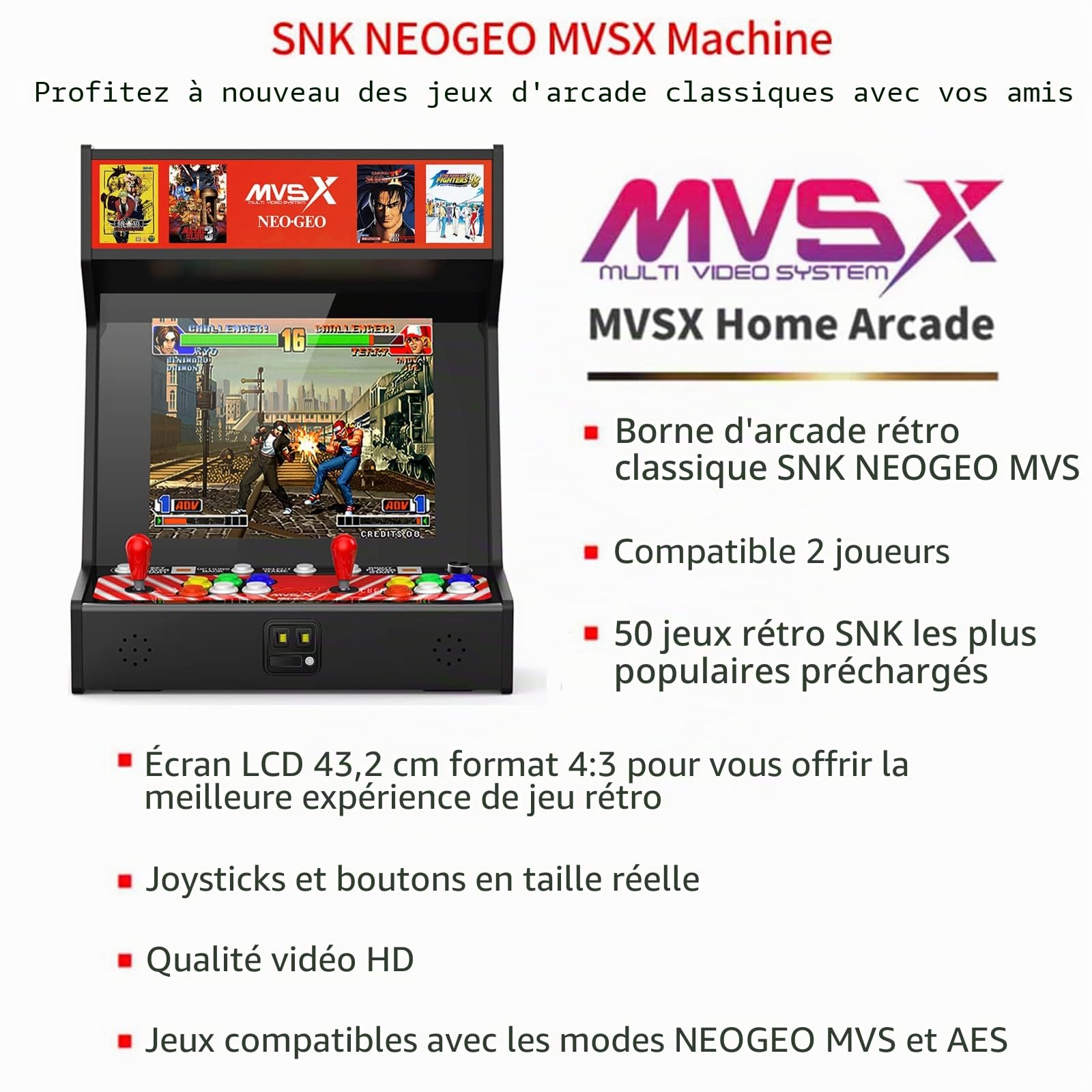 Unico MVSX Arcade Bartop avec Base Combo, 50 Jeux Rétro Licenciés SNK Officiels Préinstallés, Jouable à Deux Joueurs en Même Temps