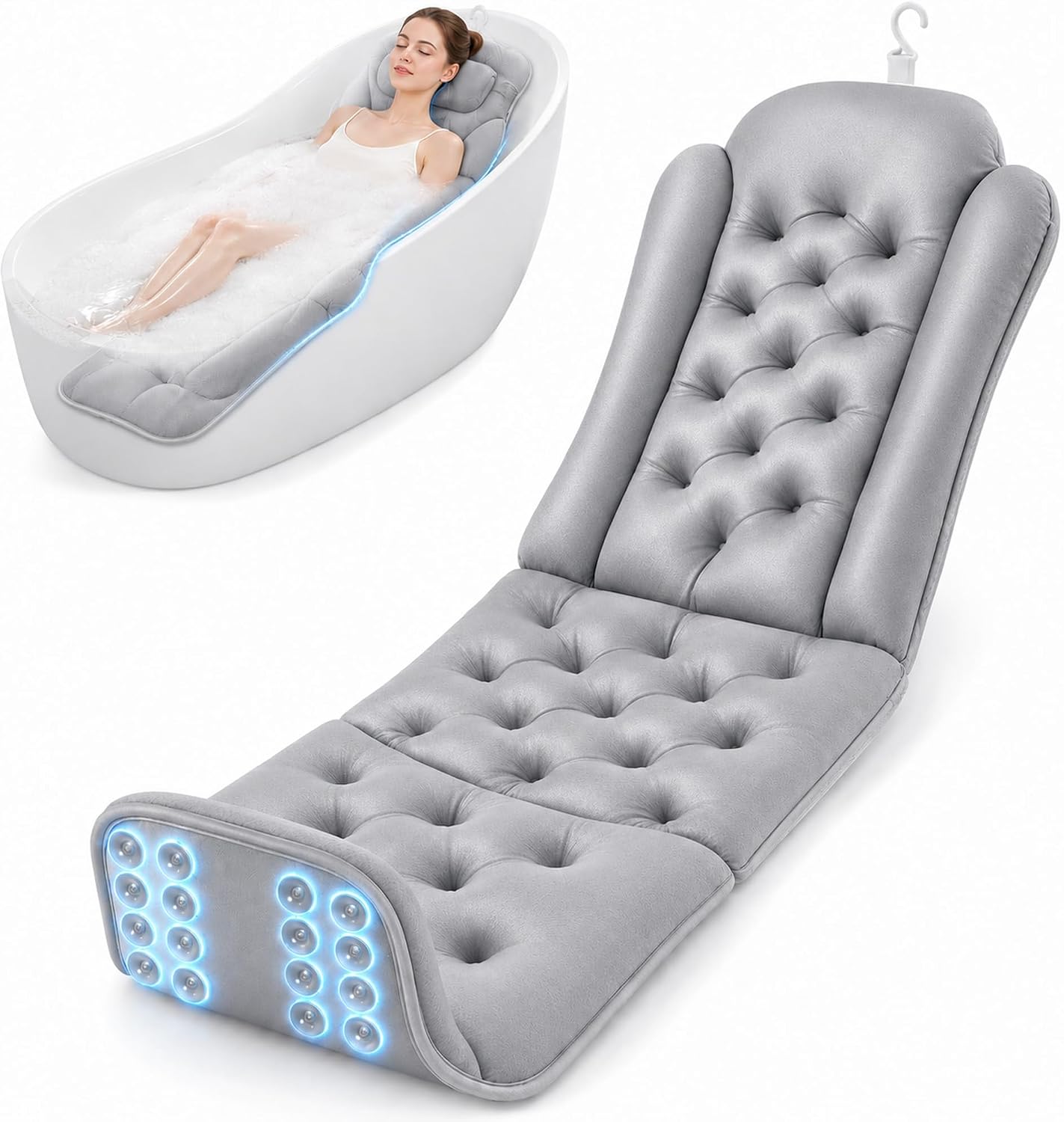 Full Body Bathtub Pillow, Extra Long & Thick Bath Cushion with Strong Suction Cups, Soft Head Neck & Back Support for Master Bathroom Evening Soaking (Black)