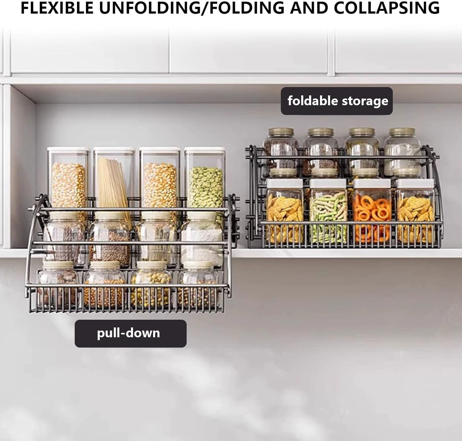 Pull Down Spice Rack for Upper Cabinets 3-Tier Adjustable Upper Cabinet Pull Down Shelf Upper Foldable Lifting 5cm Heightened Guardrail Suitable for Kitchens and Bathrooms Black - 25cm