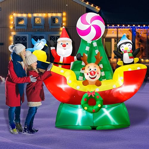 Vista 43 de Inflables de Navidad de 9.5 pies, decoraciones al aire libre, Papá Noel en trineo con 3 renos inflables de Navidad con luces LED integradas