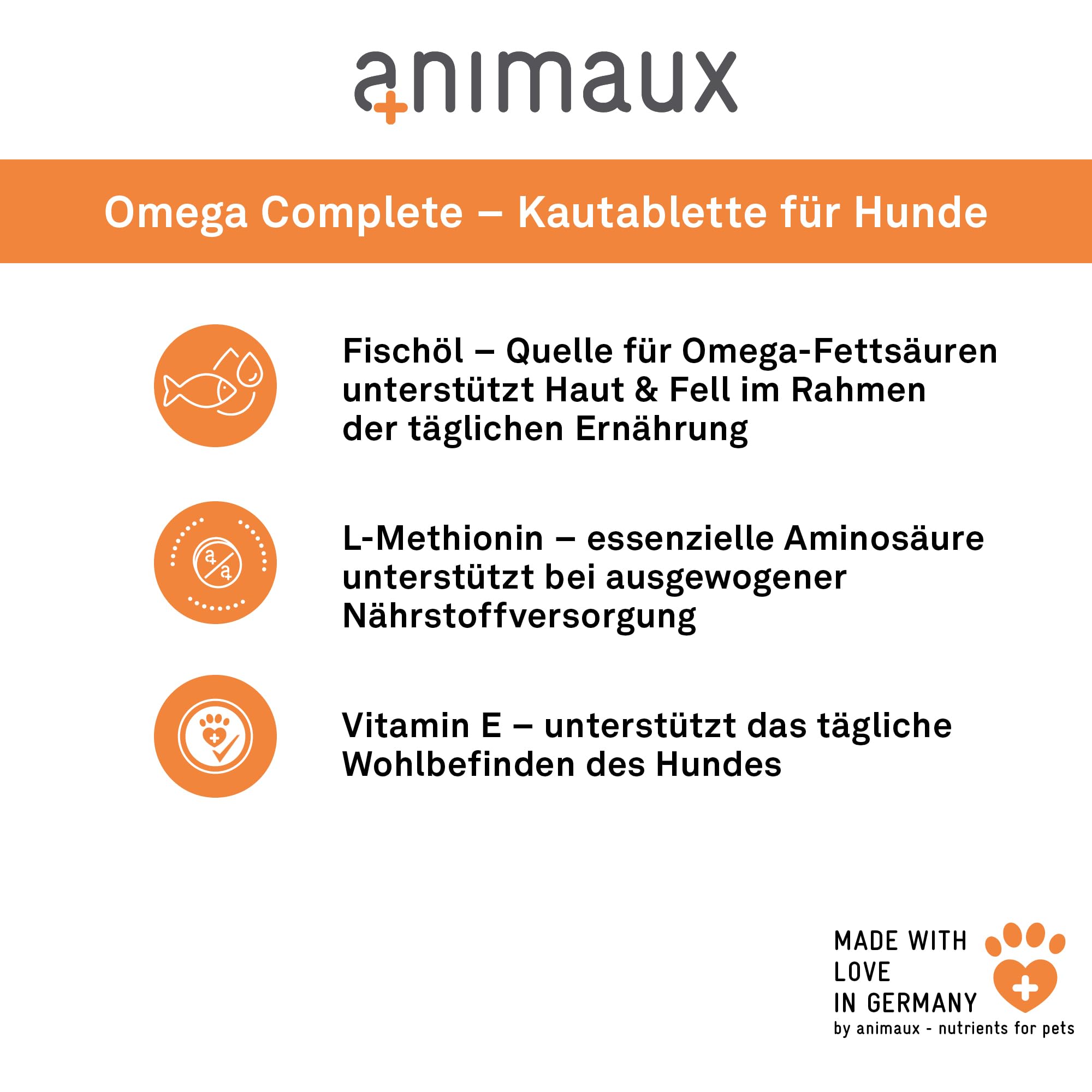Omega 3-6-9 für Hunde – Immunsystem, Abwehrkräfte & Fell unterstützen | 50 Kautabletten mit essenziellen Fettsäuren für Stoffwechsel, Herz, Knochenaufbau, Haut & Fell | animaux Omega Complete