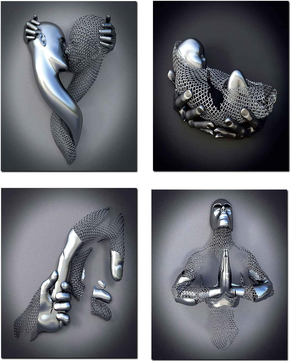 Framed 3-Piece 3D Love Heart Metal Wall Art – Romantic Abstract Sculpture, 16x12 Inches, Black & White