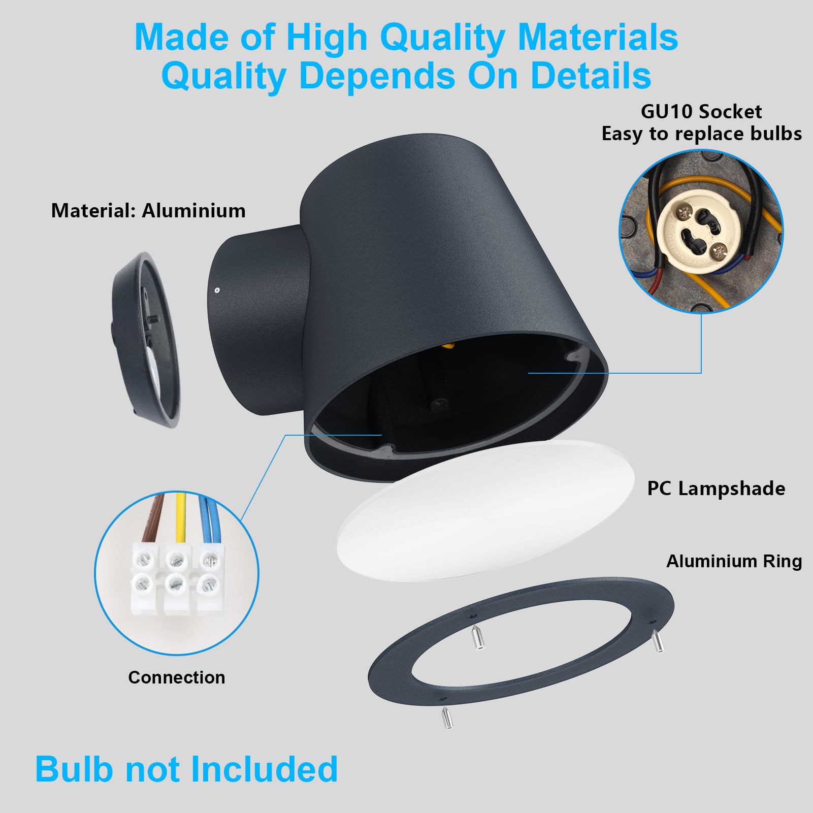Klighten 2 Pezzi Lampada da Parete GU10 Esterni/Interni, Moderna Applique da Esterno, IP65 Luci da parete in Alluminio+PC, per Giardino Balcone Ingressi, Lampadina non Inclusa, Antracite