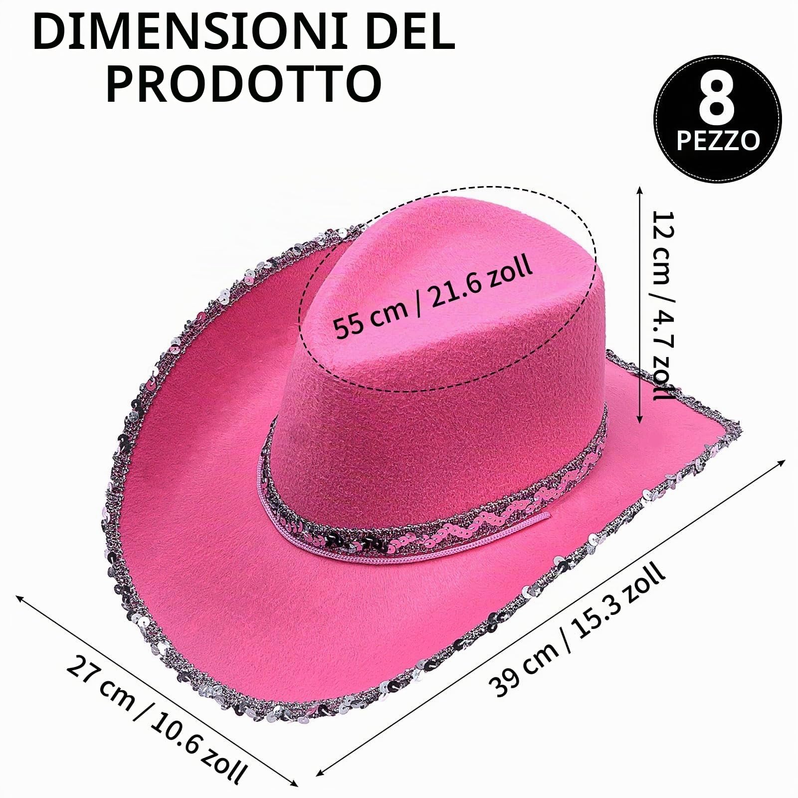 8 cappelli da cowboy rosa con paillettes – Cappello western da donna per carnevale, addio al nubilato, festa a tema, compleanno e costume Fancy Dress
