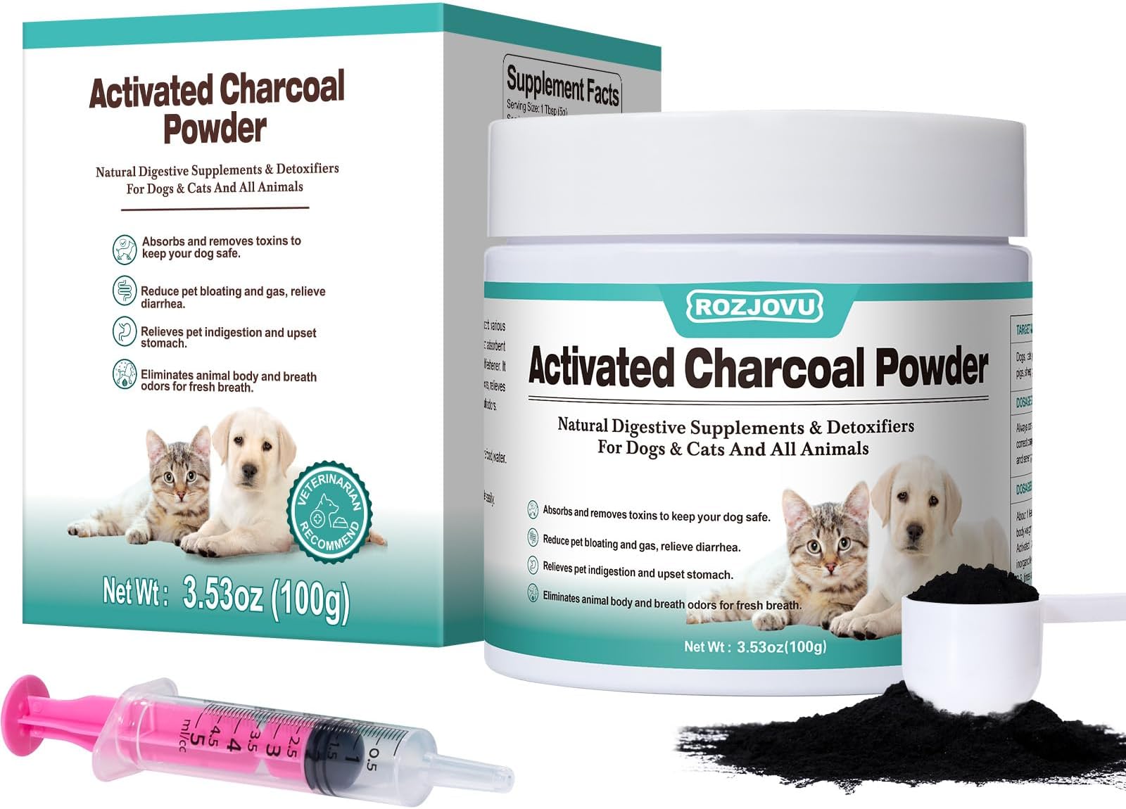 Activated Charcoal for Dogs, Cats, and All Pets, Charcoal for Dogs Poisoning, Digestive Health, Gas & Liver Support, Non-GMO, Gluten Free,3.53oz(Powder)