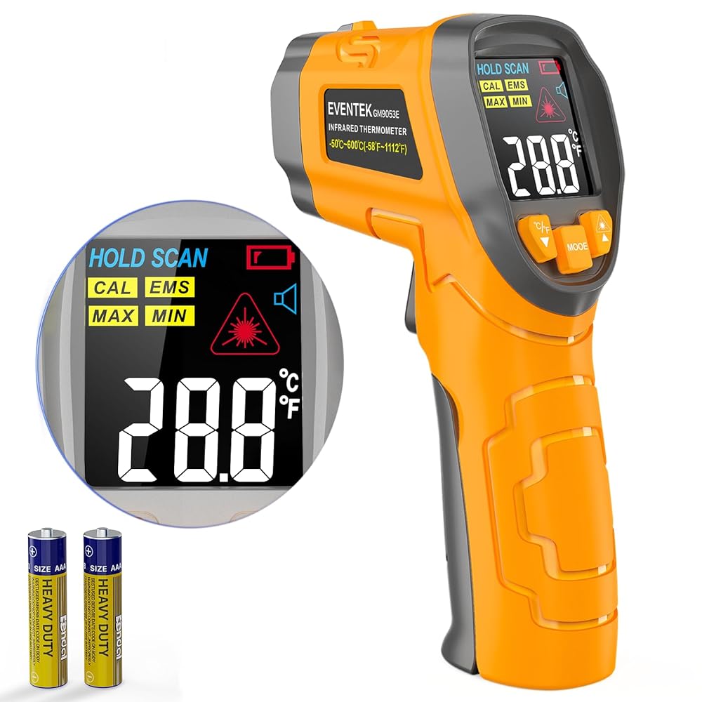 EVENTEK Infrarot-Thermometer, Temperaturmessgerät -58°F~1112°F (-50°C～600°C) mit Einstellbarer Emissionsgrad, Laser thermometer, Nicht Menschliches-für…