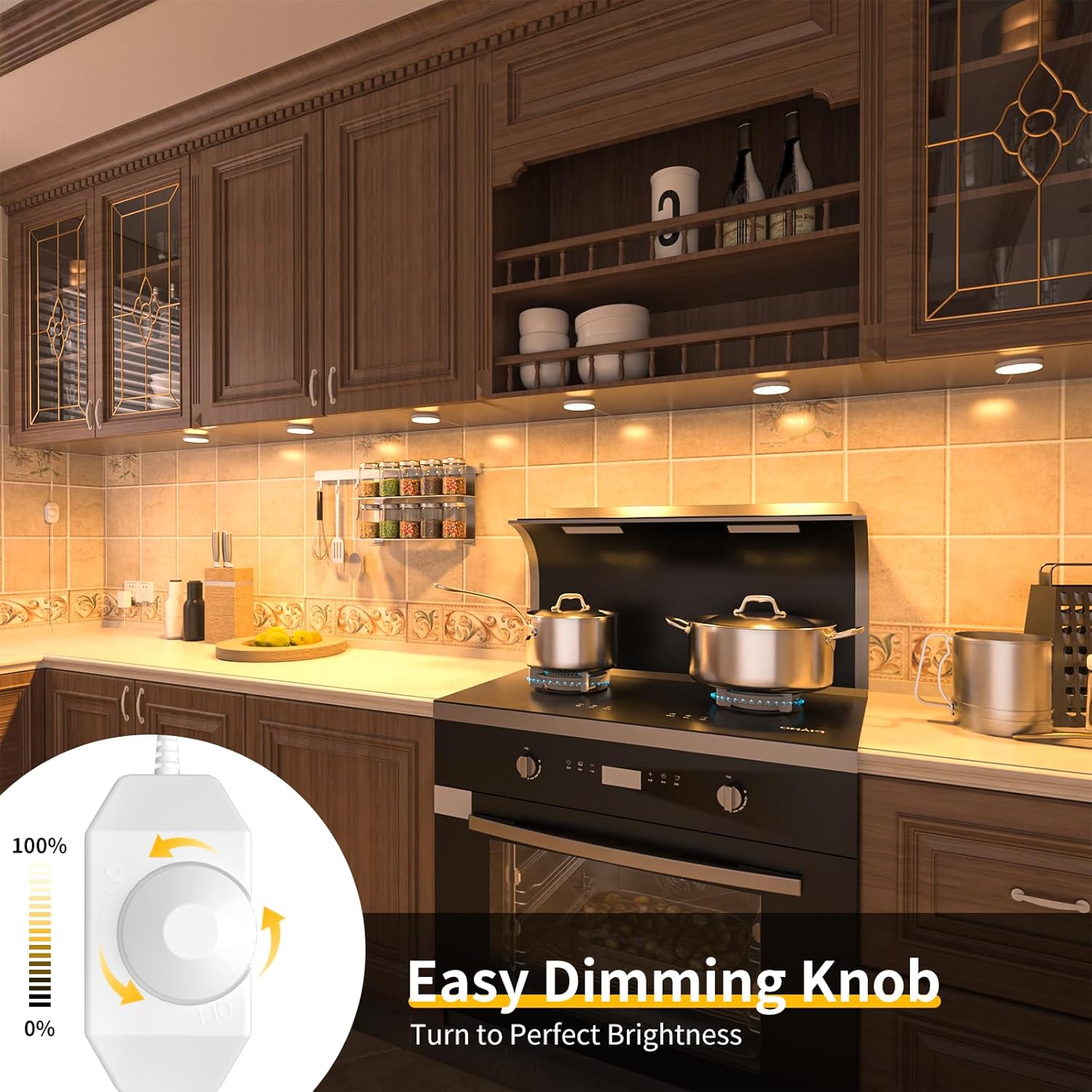 Kitchen counter with WOBANE LED Puck Lights installed, showing a hand adjusting the easy dimming knob.