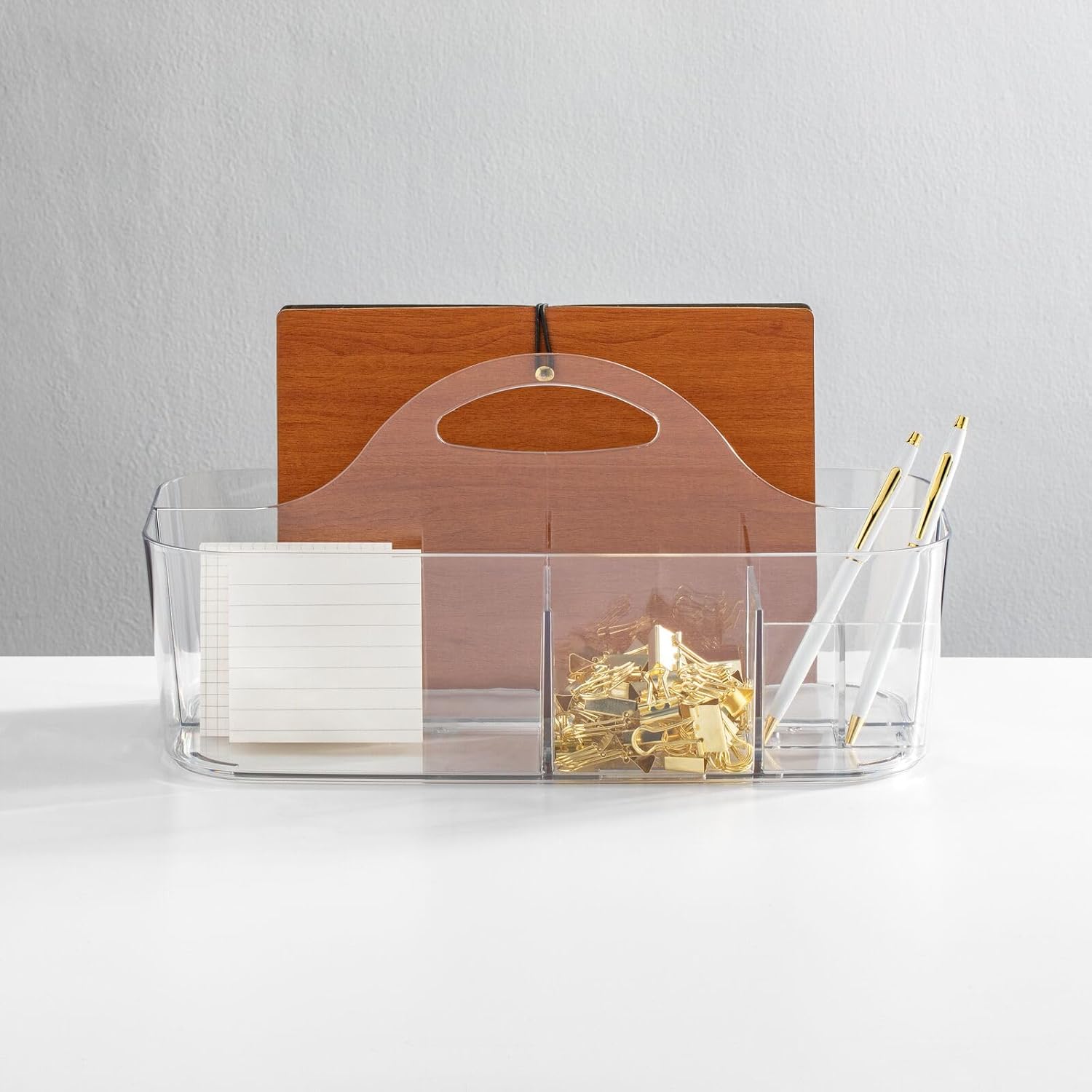 mDesign Plastic Office Storage Organizer Caddy Tote with Handle for Cabinet, Countertop, Desk, Workspace - Holds Pens, Colored Pencils, Washi Tape, Notebooks - Lumiere Collection, 4 Pack - Clear