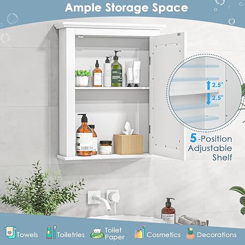Miniatura 5 de COSTWAY Botiquín de baño con espejo, organizador de armario de almacenamiento montado en la pared con estante ajustable de 5 posiciones, gabinete de