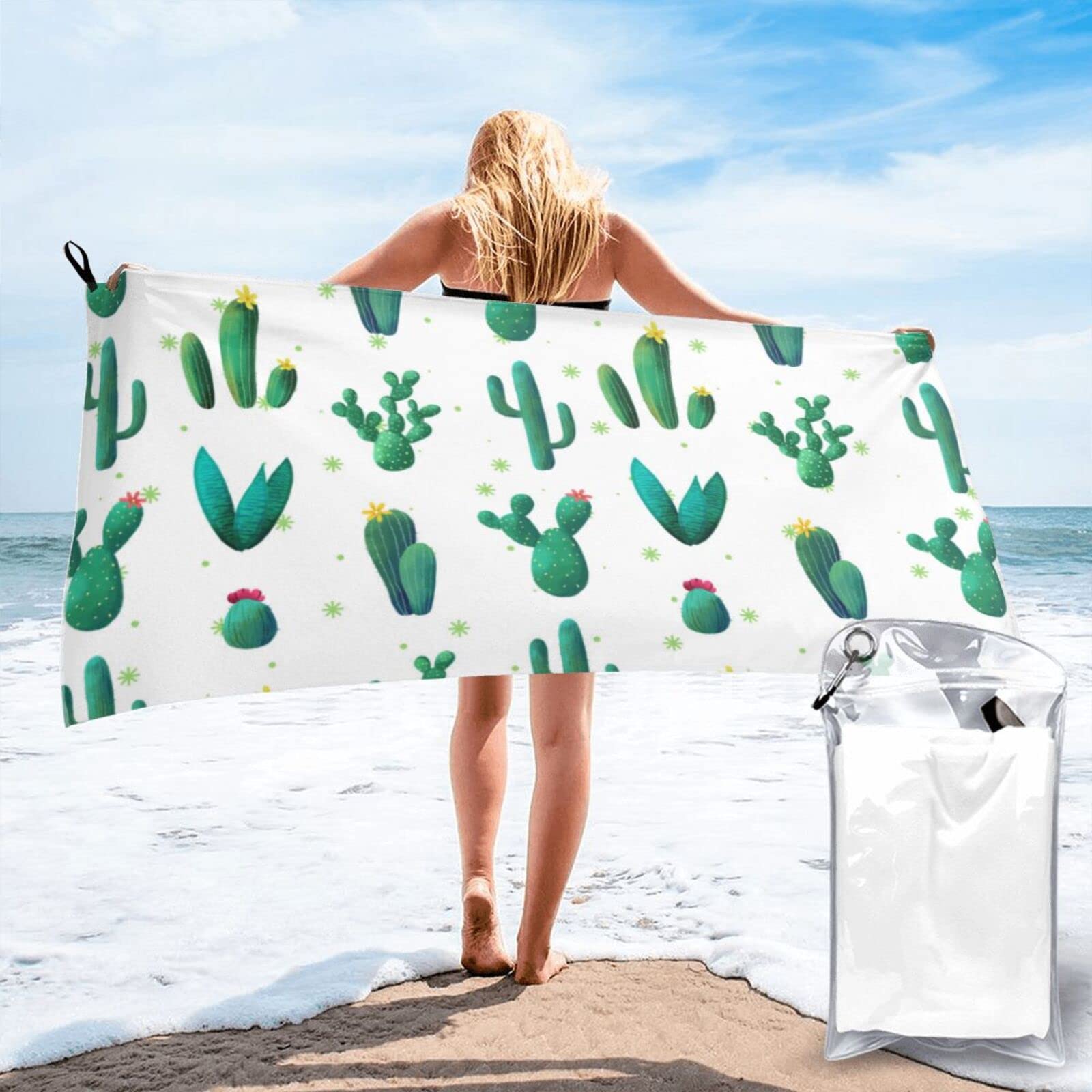 Lawenp Plant Cactus Microfiber Beach Towel Adults Large Quick Drying Bath Towel Travel Towels with Pouch 27.5"x55"