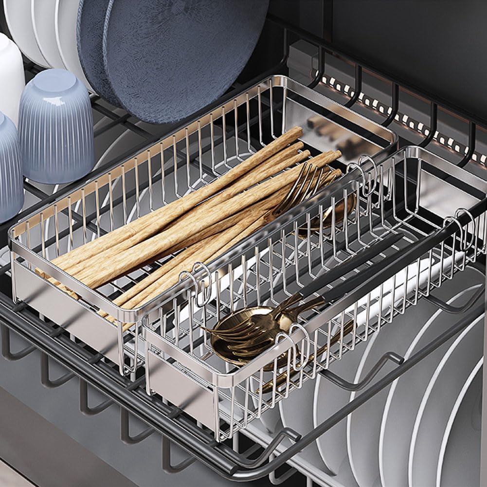 Sturdy 304 Stainless Steel Flatware Organizers with Hooks, 2 Pcs Drawer Silverware Organizer for Chopsticks/Spoon/Fork/Knife, Large and Small