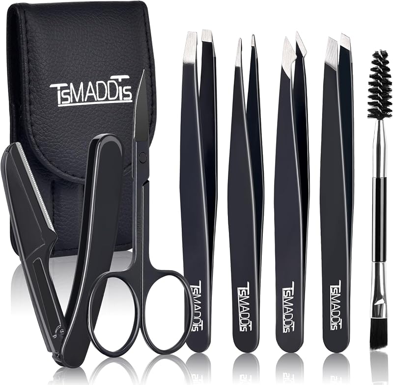 Kit de pinças TsMADDTs em aço inoxidável com tesoura, escova e lâmina para sobrancelhas, Pacote com 7