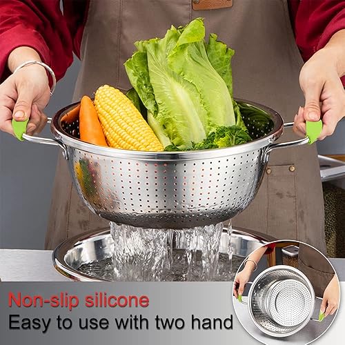 Miniatura 5 de Colador profundo de acero inoxidable microperforado de 2.5 cuartos de galón de metal con asas de silicona verde para drenar pasta, limpiar alimentos