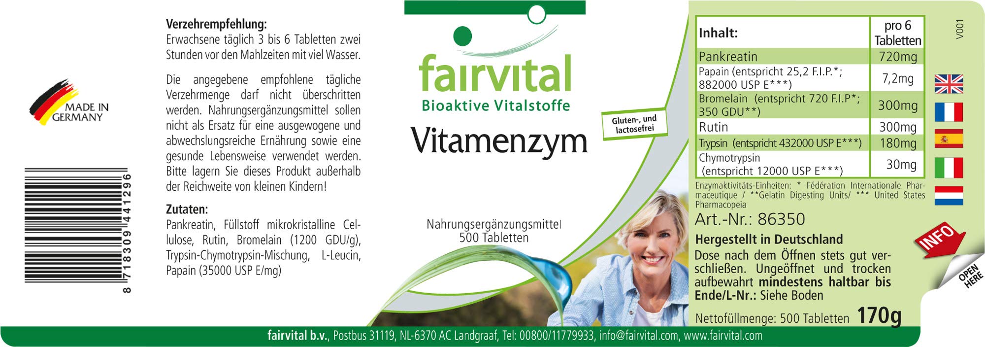 fairvital Verdauungsenzyme, HOCHDOSIERT, 500 Tabletten, schluckfreundlich, Enzym-Komplex mit Pankreatin, Papain, Bromelain, Rutin, Trypsin und Chymotrypsin, Vegan