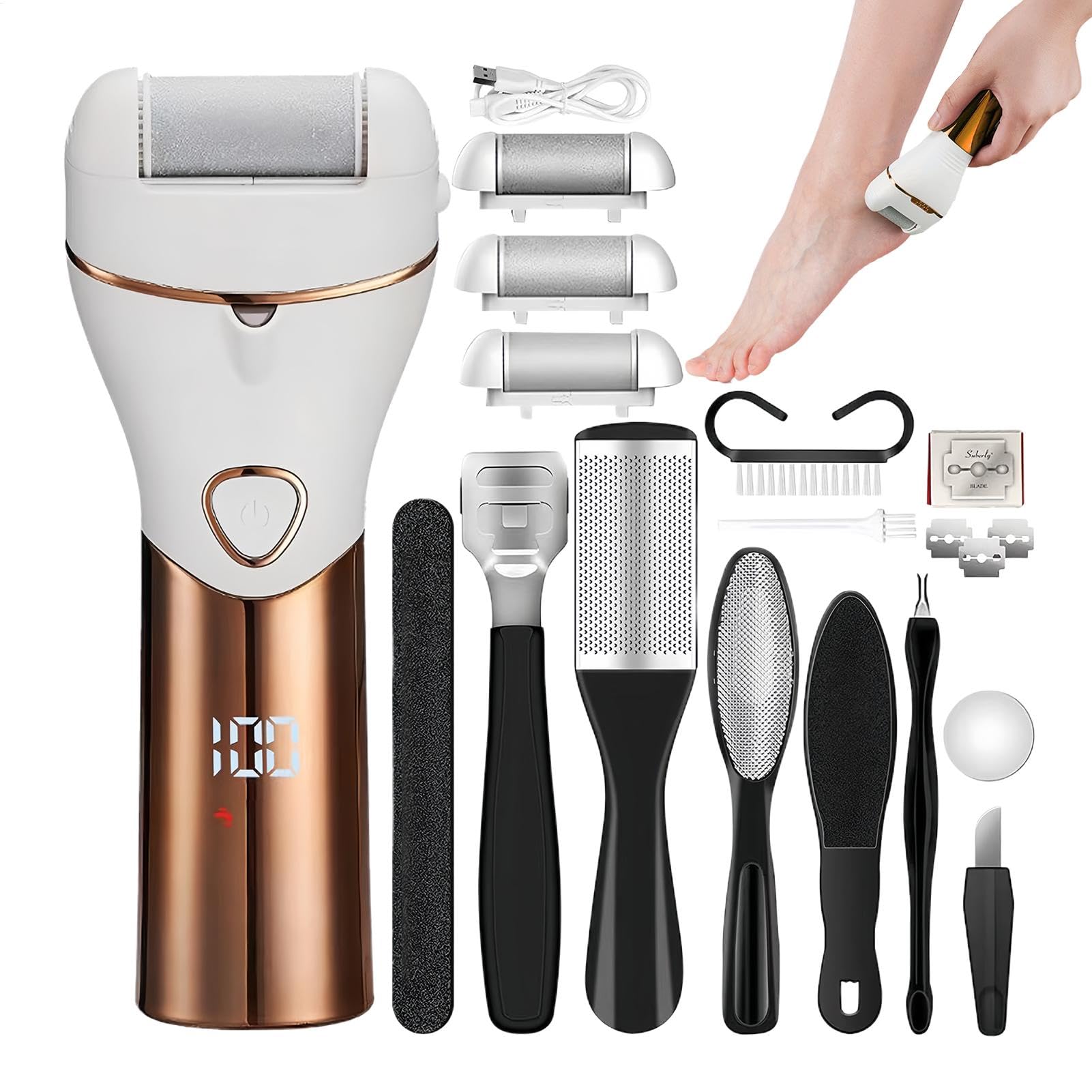 Kit Pedicure Elettrico Kit Cura Dei Piedi Per Rimuovere Calli E Callosità | Strumenti Pedicure Kit completo trattamento piedi adatto a pelle dura e morta, screpolata, secca, , per donne