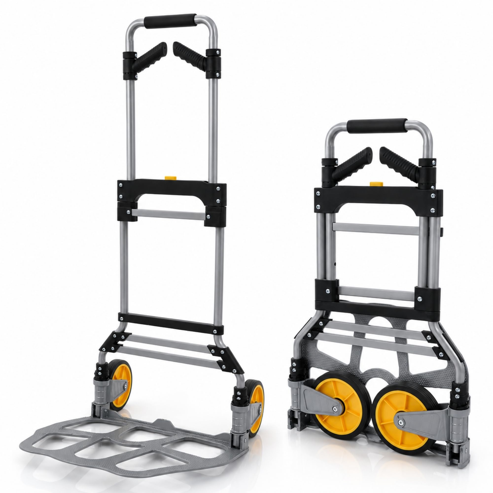 UZIRO Carretilla Plegable con Ruedas de Aluminio, con Mango Telescópico y Soporte Extra, Capacidad de 150 Kg, Plataforma Abatible y 2 Ruedas, Carretilla de Mano Plegable, Carro Transporte Plegable