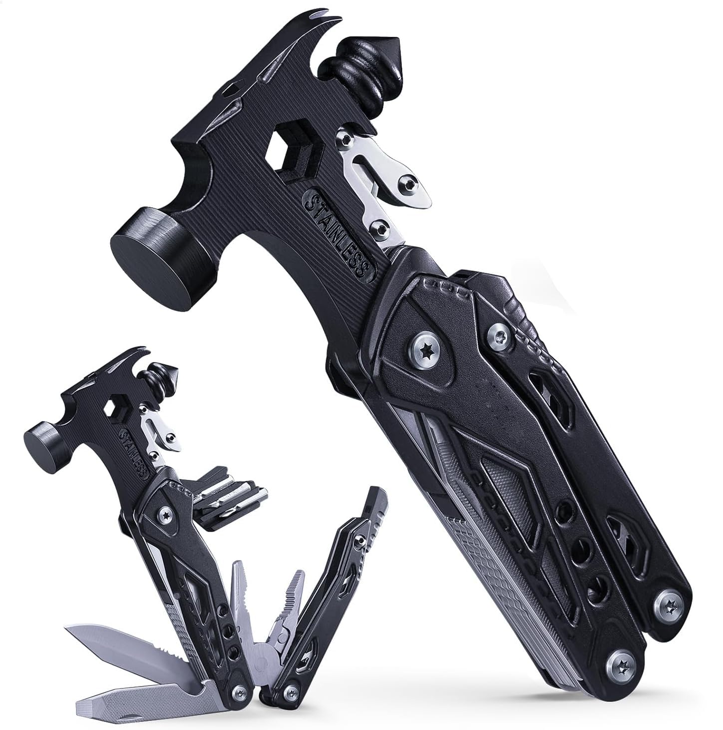 Multitool, 17 in 1 Mini Hammer Camping with Pocket Clip & Cut Resistant Gloves, Father Day Husband Boyfriend Multitool Gift Men, Multi Tool Survival Gear Hammer, Survival Gear Hammer 6.41"×2.83"×1"